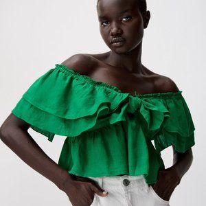 Zara Ruffled Linen Top Green - XS